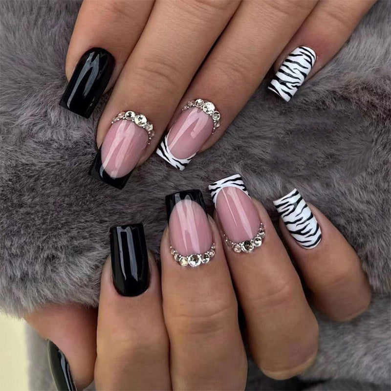 Wholesale Plastic Black French Stripe Rhinestone Nail Art Tips